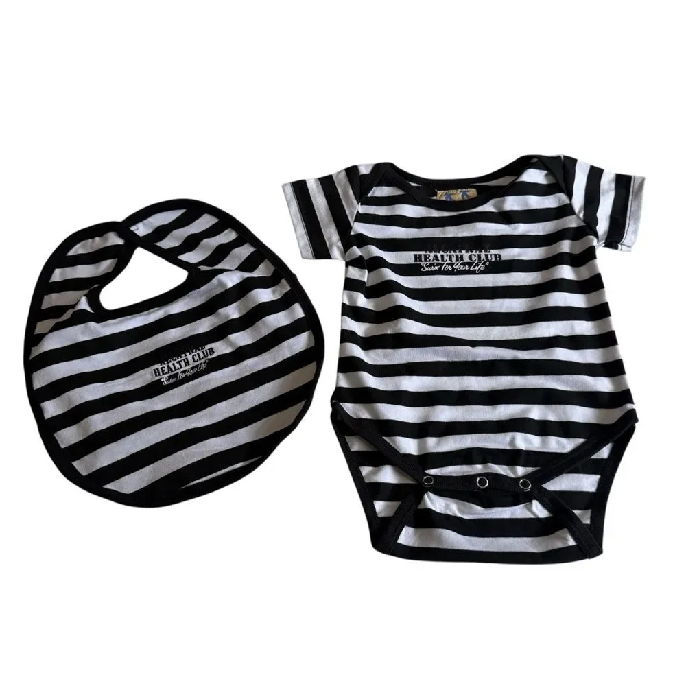 NWT Vintage Alcatraz Health Club Swim For Your Life Striped Baby Onesie & Bib S
